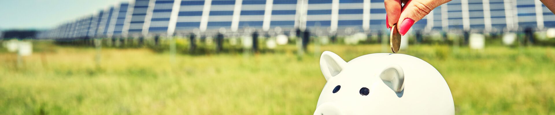 array of polycrystalline silicon solar cells in solar power plant turn up Hand holding money banknote with photovoltaic solar energy panels in background,